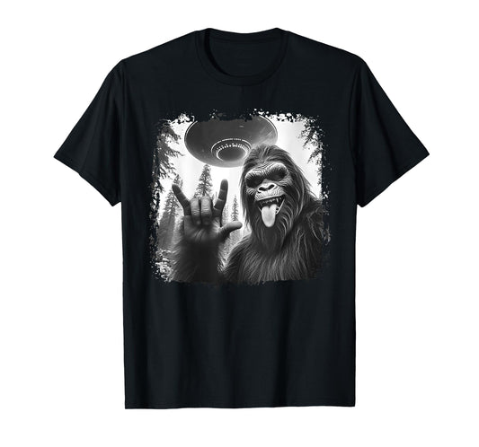Funny Sasquatch Bigfoot Rock On Selfie with UFO Alien T-Shirt