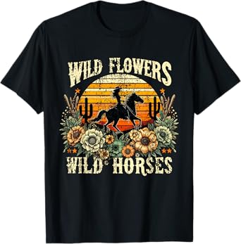 Retro Cowgirl Wild Flowers - Wild Horses Vintage Style T-Shirt
