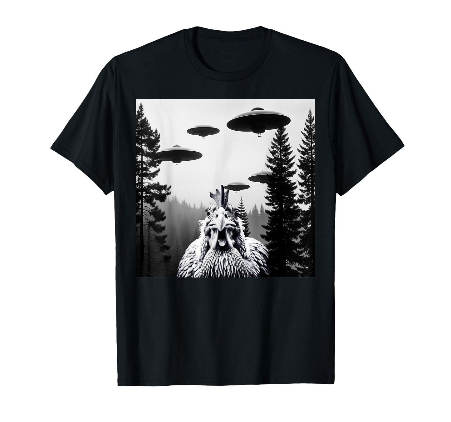 Funny Chicken With Alien UFO Spaceship. Chicken And Alien T-Shirt