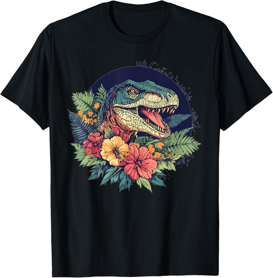 Dinosaur With Floral Background Artwork T-Shirt