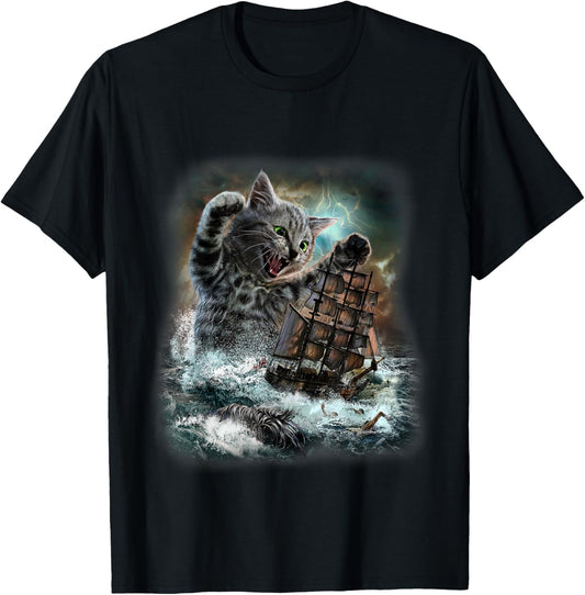 Giant Cat as Kraken Sea Monster Ambush a War Ship in Ocean T-Shirt