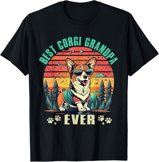 Best Corgi Grandpa Ever Dog Lover Vintage Retro Sunset T-Shirt