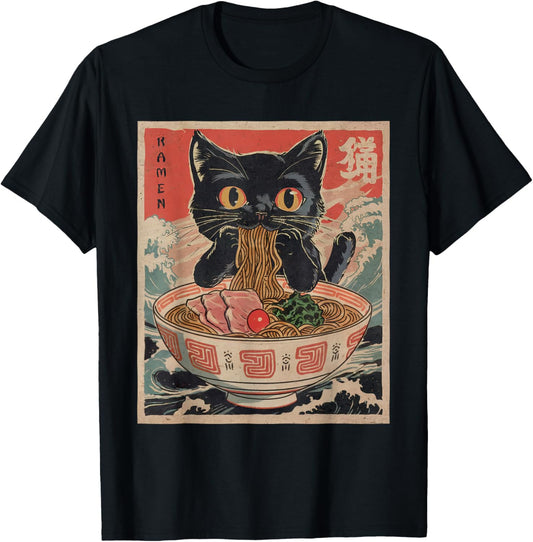 Anime Cat Ramen Japanese Funny Graphic Tees Kawaii Cat Anime T-Shirt