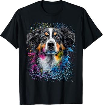 Colorful Splash Art Australian Shepherd Portrait Puppy T-Shirt