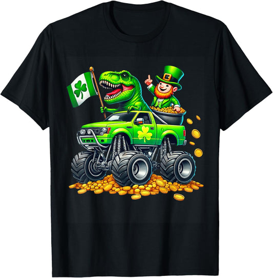 Boys Monster Truck T-rex Leprechaun St Patricks Day Kids T-Shirt