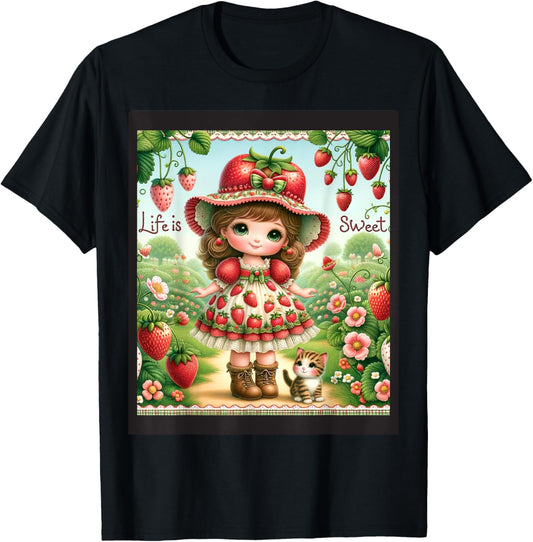 Cute Life Is Sweet Strawberry Cake Vintage Berry Garden T-Shirt