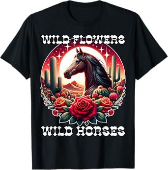 Wild Flowers and Wild Horses Vintage Sunset Country Cowgirl T-Shirt