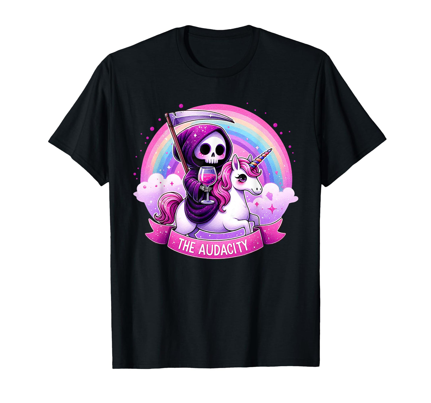 The Audacity Skeleton Riding Unicorn Rainbow Halloween Women T-Shirt
