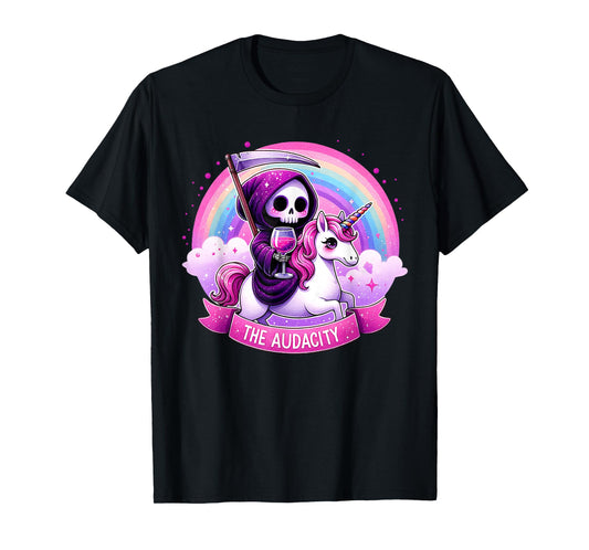 The Audacity Skeleton Riding Unicorn Rainbow Halloween Women T-Shirt