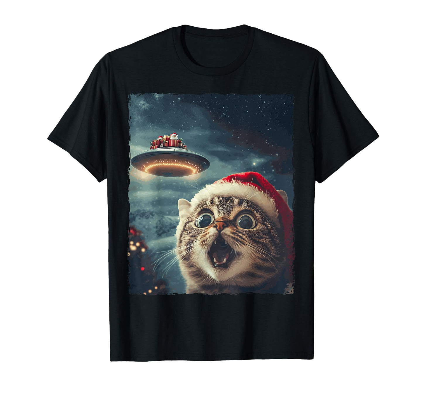 Funny Cat Selfie Santa Ufo Xmas Christmas T-Shirt