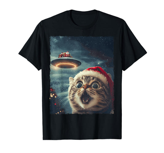 Funny Cat Selfie Santa Ufo Xmas Christmas T-Shirt