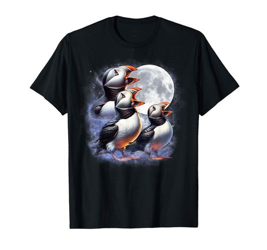 Three Puffins Moon Funny Puffin Howling Wolfs Moon Parody T-Shirt