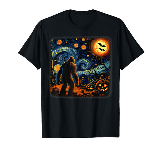 Halloween Bigfoot Starry Night Van Gogh Sasquatch Pumpkin T-Shirt