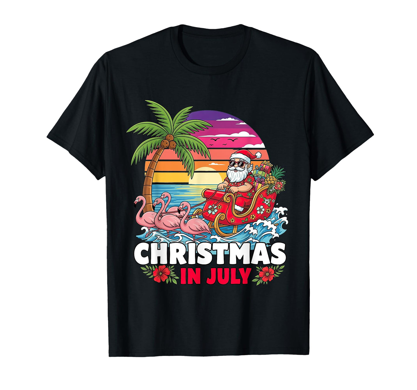 Xmas in July Santa Beach Trip Tropical Summer Vibes Palm T-Shirt