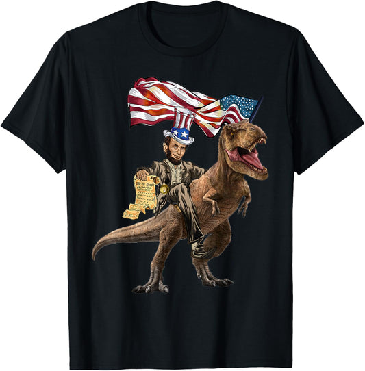 Funny Abe Lincoln With Dinosaur T Rex American Flag July 4th T-Shirt