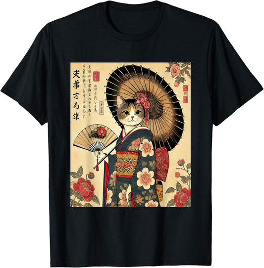 Funny Cat Geisha Japanese Anime Cute Cat Art T-Shirt