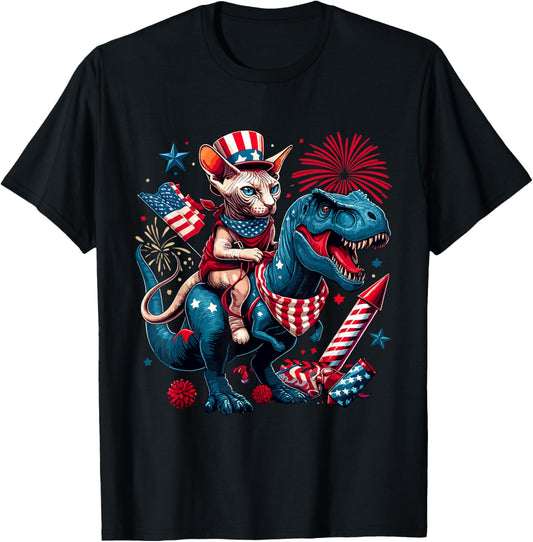 Patriotic Sphynx Cat Riding T-Rex 4th of July American Flag T-Shirt