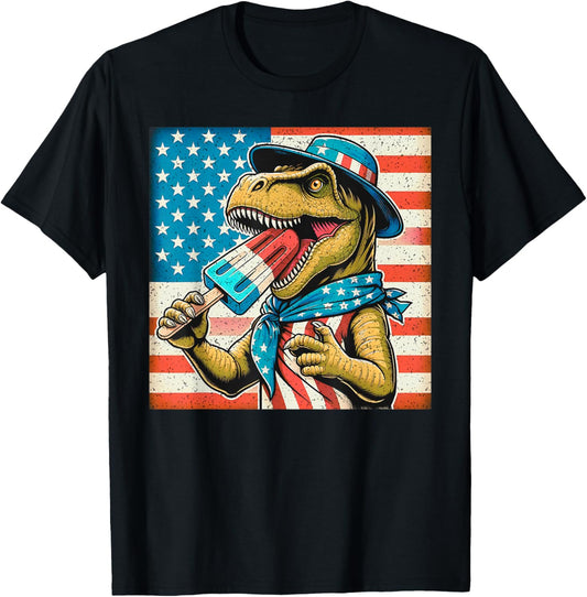 Funny T rex He eats Popsicle USA Flag 4th Of July Dinosaur T-Shirt