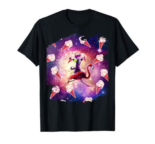 Rave Space Cat On Flamingo Unicorn - Ice Cream T-Shirt for Men Women Kids