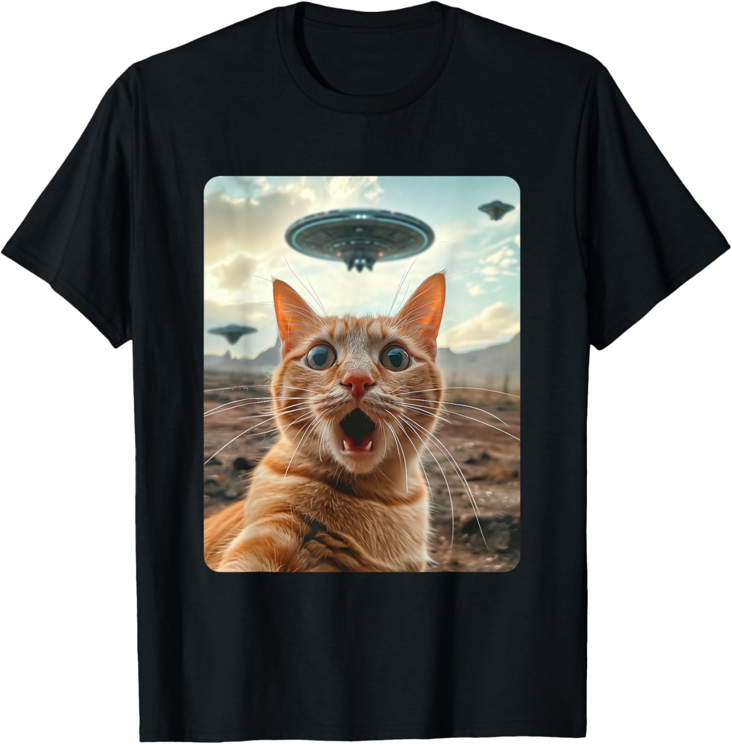 Extraterrestrial Encounter: Cat Selfie with UFO T-Shirt