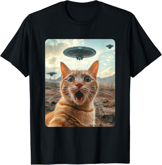 Extraterrestrial Encounter: Cat Selfie with UFO T-Shirt
