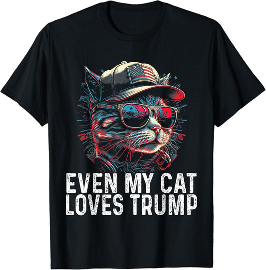 Even My Cat Loves Trump 2024, 4th of July Cat American Flag T-Shirt