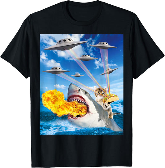 Cat Riding Fire Breathe Shark Rainbow Laser Taco T-Shirt