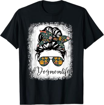 Vintage Tees Women's Dog Mom Life Messy Bun Leopard Print Funny Animal Print T-Shirt - Black - Small