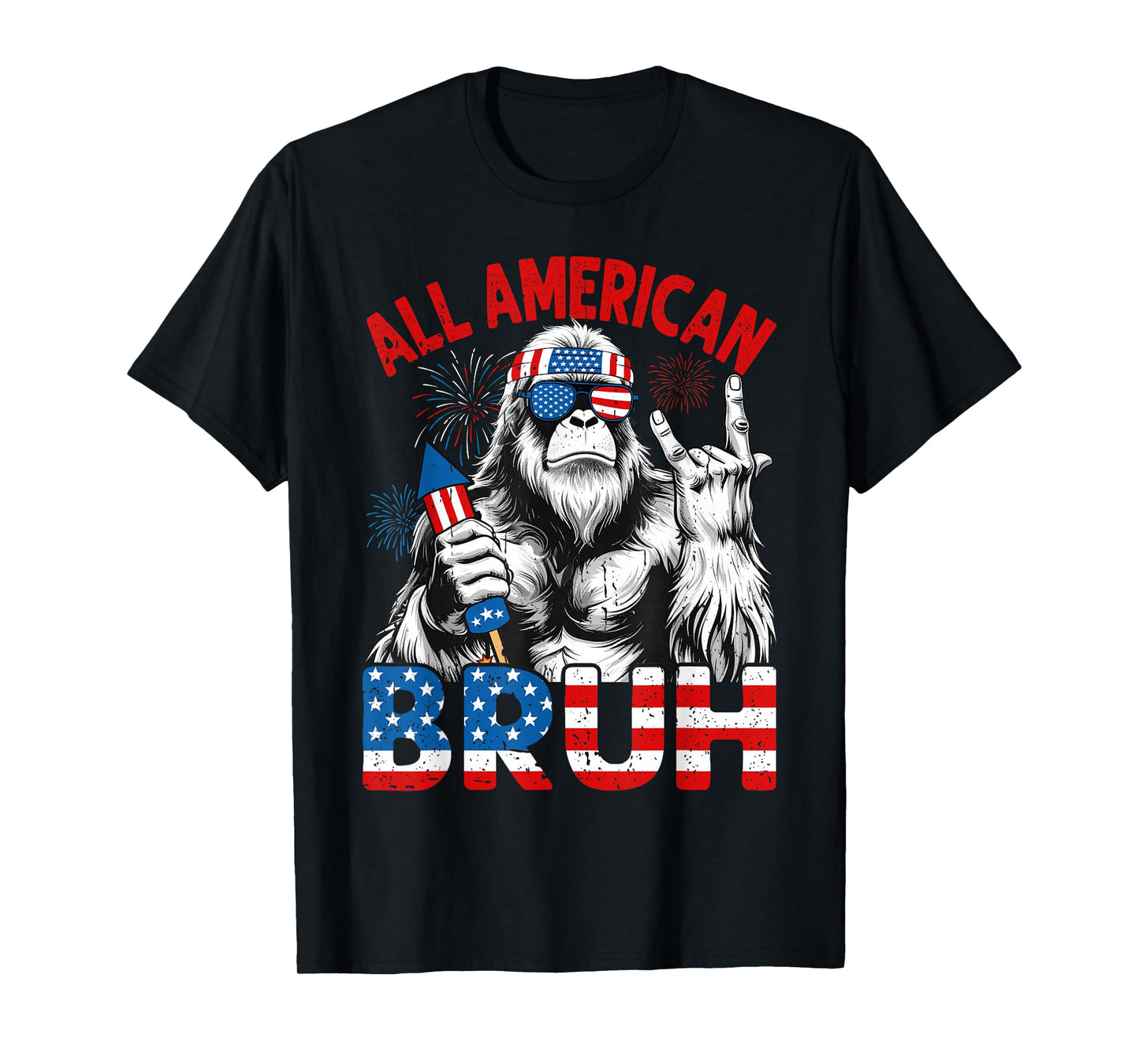 Bruh Bigfoot Merica Rock American Flag Patriotic 4th Of July T-Shirt