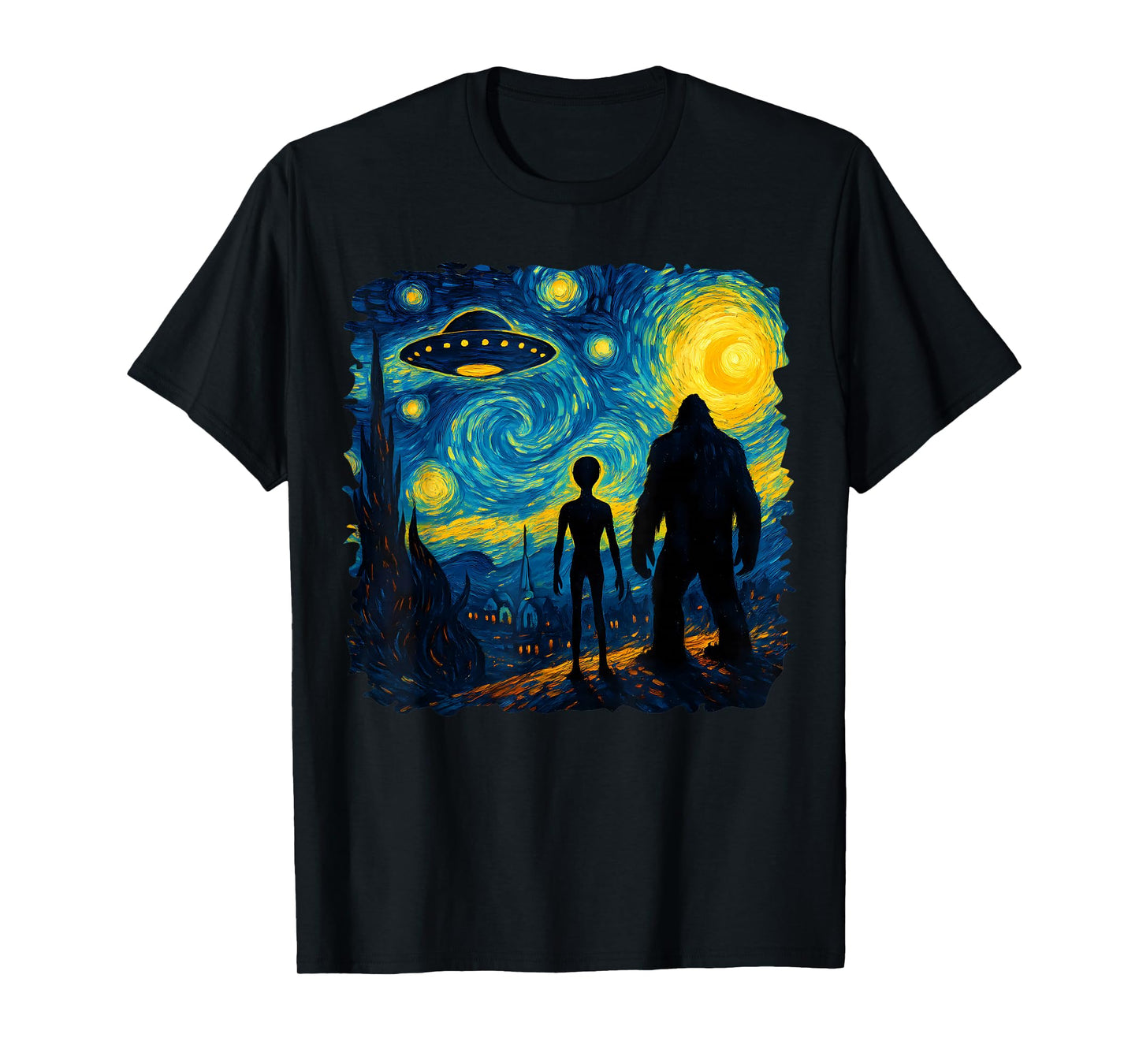 Bigfoot Alien UFO Van Gogh Starry Night Sasquatch Graphic T-Shirt