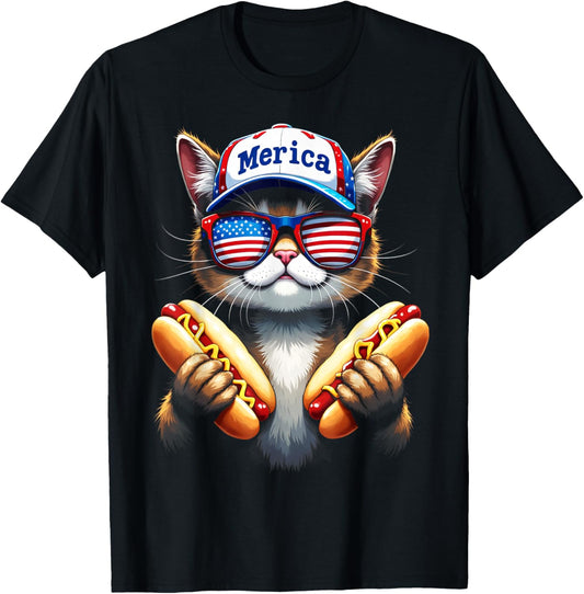 4th of July Hotdog Cat Funny Patriotic Cat Wiener USA Flag T-Shirt
