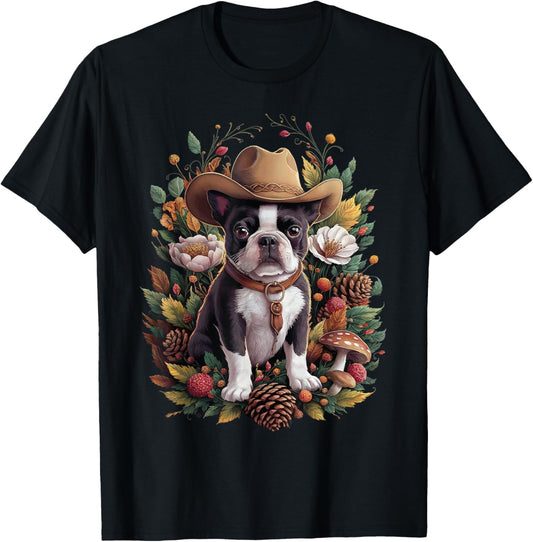Western Dog Cowboy Hat Boston Terrier Cottagecore Aesthetic T-Shirt