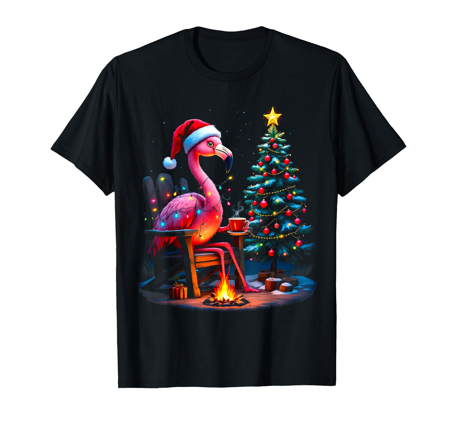 Funny Christmas Flamingo Santa Lights Winter Men Women Kids T-Shirt