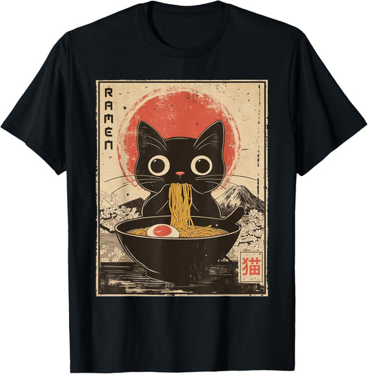 Funny Cat Eats Ramen Noodles Japanese Kawaii Anime Cat T-Shirt