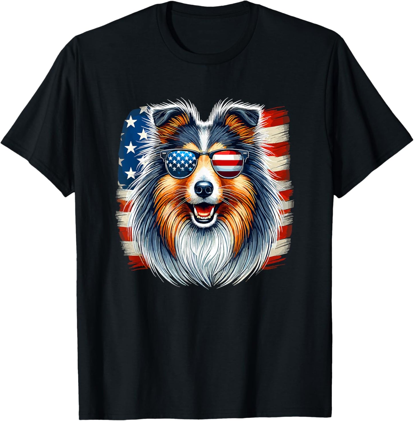 American USA Flag Shetland Sheepdog Sheltie 4th Of July T-Shirt