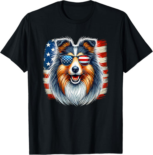 American USA Flag Shetland Sheepdog Sheltie 4th Of July T-Shirt