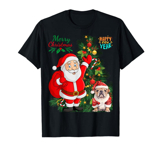 Merry Christmas Happy New Year Santa Claus English Bulldog Men Women Kids T-Shirt