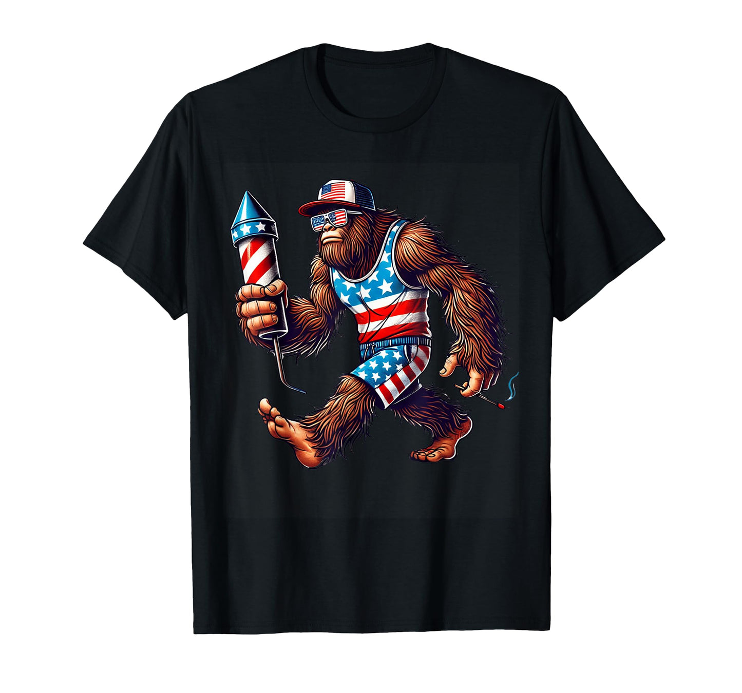 Bigfoot Fireworks 4th of July Men Sasquatch US Flag Men Boys T-Shirt