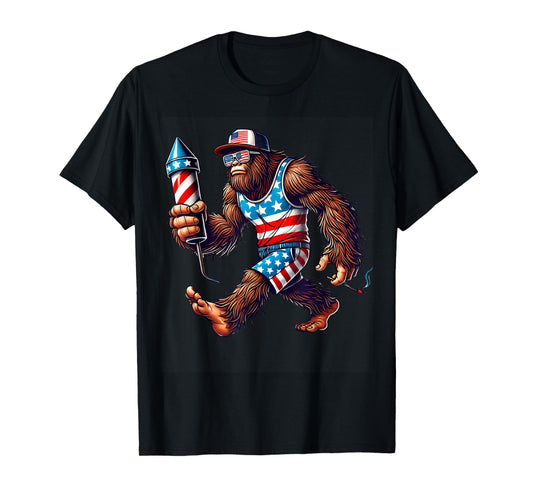 Bigfoot Fireworks 4th of July Men Sasquatch US Flag Men Boys T-Shirt