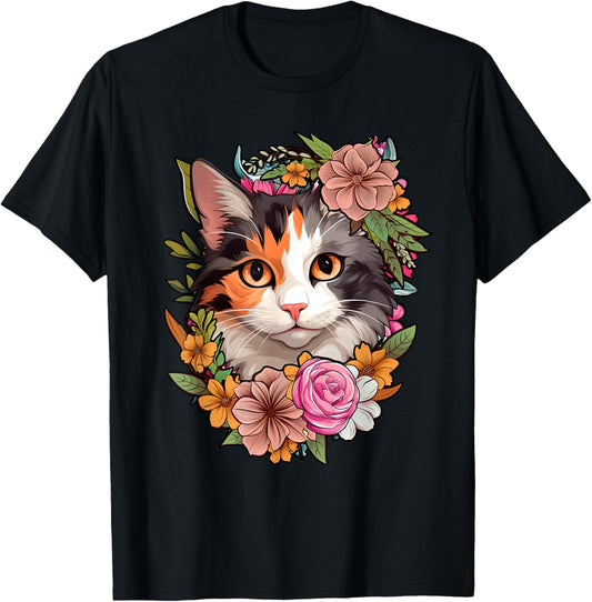 Cute Floral Calico Cat T-Shirt