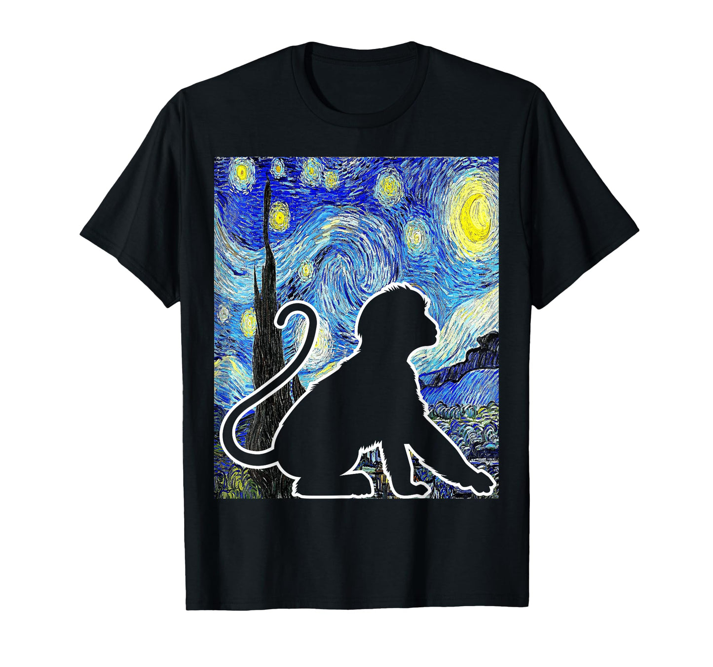 Funny Monkey Van Gogh Famous Painting Monkey Starry Night Monkey Lover T-Shirt - Black, Unisex-Adults & Kids, Short Sleeve, Classic Fit, Crew Neck, Small
