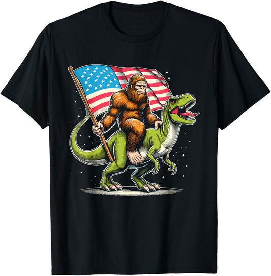 Bigfoot Sasquatch Riding T-Rex Dinosaur US American Flag Art Women Kids Men T-Shirt