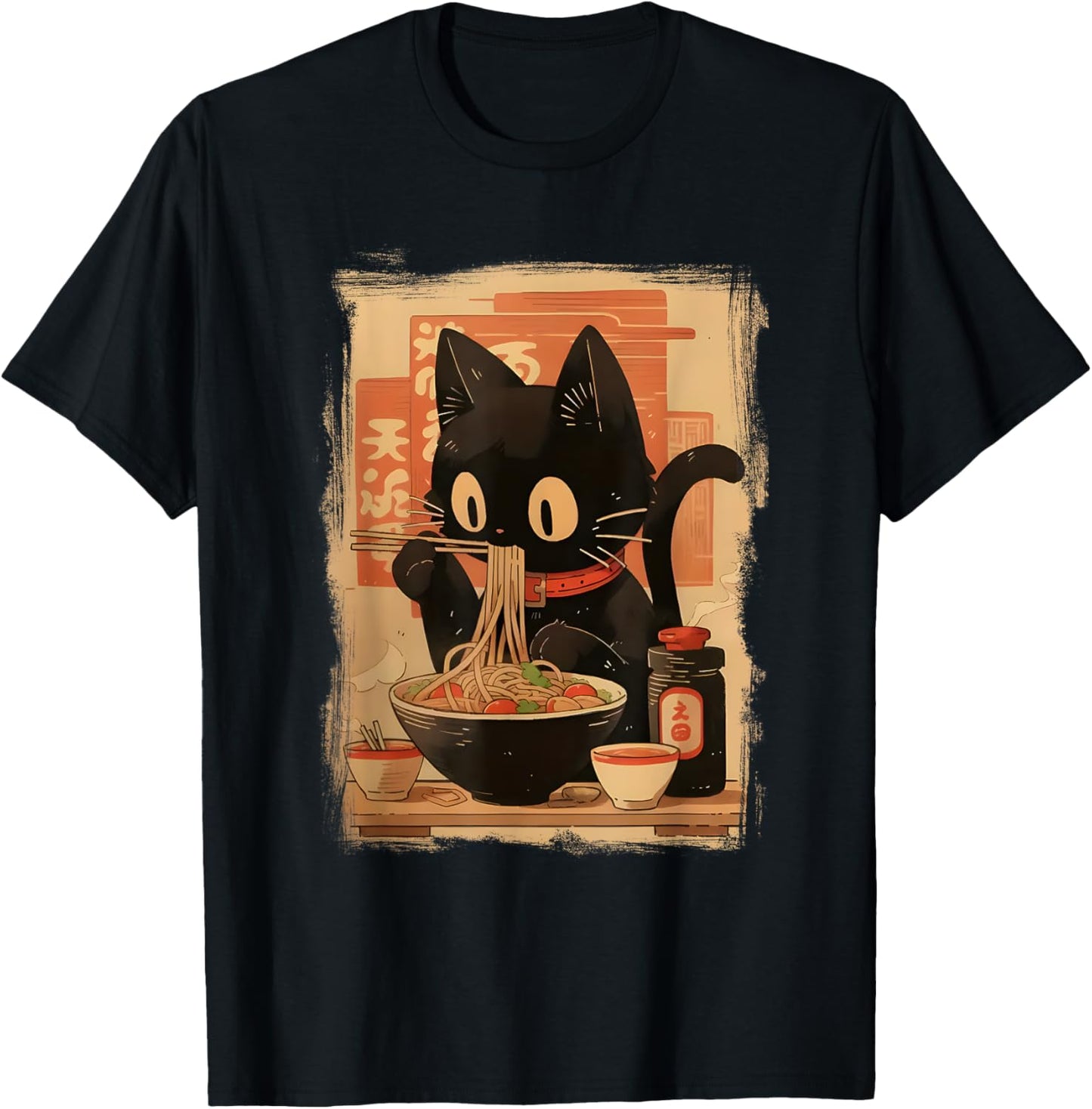 Black-Cat Eating Ramen Japanese Kawaii Adorable Cat Artwork T-Shirt