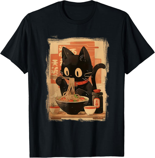 Black-Cat Eating Ramen Japanese Kawaii Adorable Cat Artwork T-Shirt
