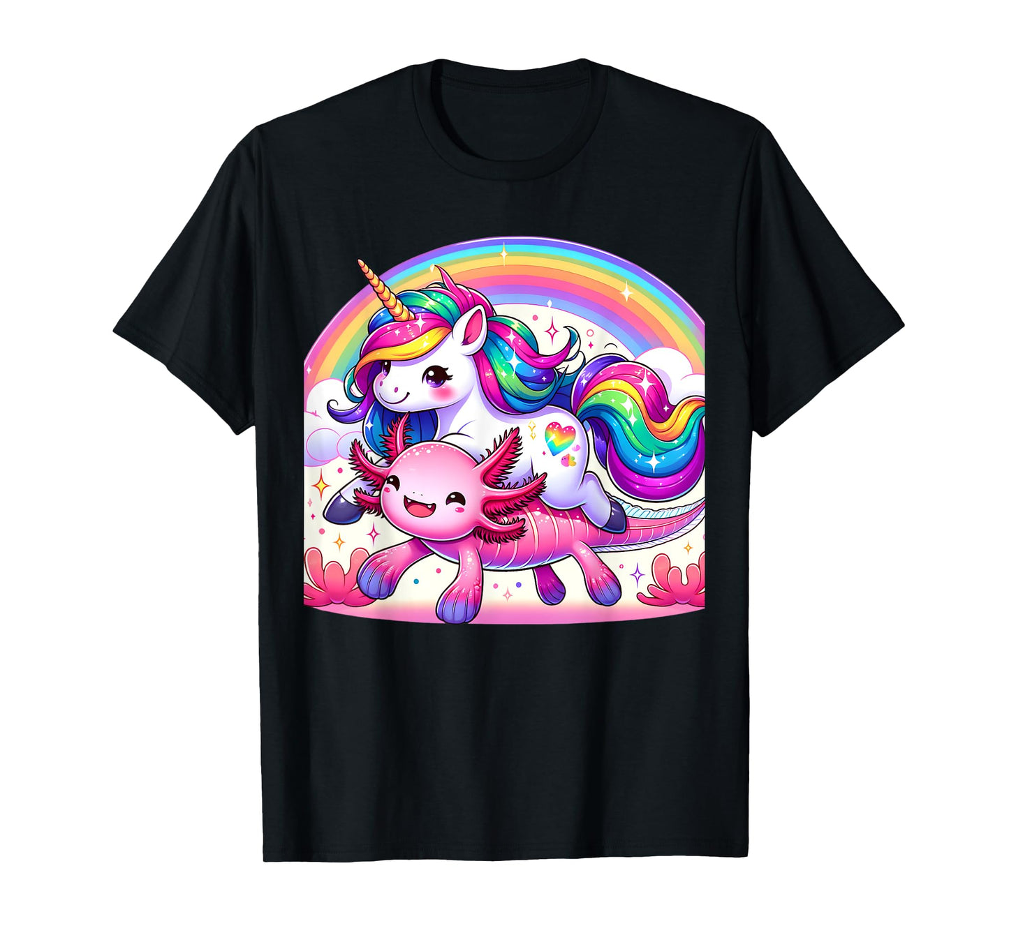Unicorn Riding Axolotl Kawaii Kids Girls Boys Men Rainbow T-Shirt