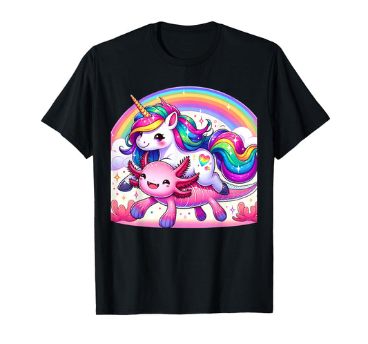 Unicorn Riding Axolotl Kawaii Kids Girls Boys Men Rainbow T-Shirt