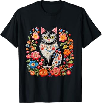 Cat flowers Embroidery stitched cottage core colorful T-Shirt for Men Women Kids