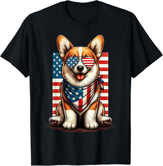 Corgi American Flag USA Patriotic 4th of July Dogs Lover T-Shirt