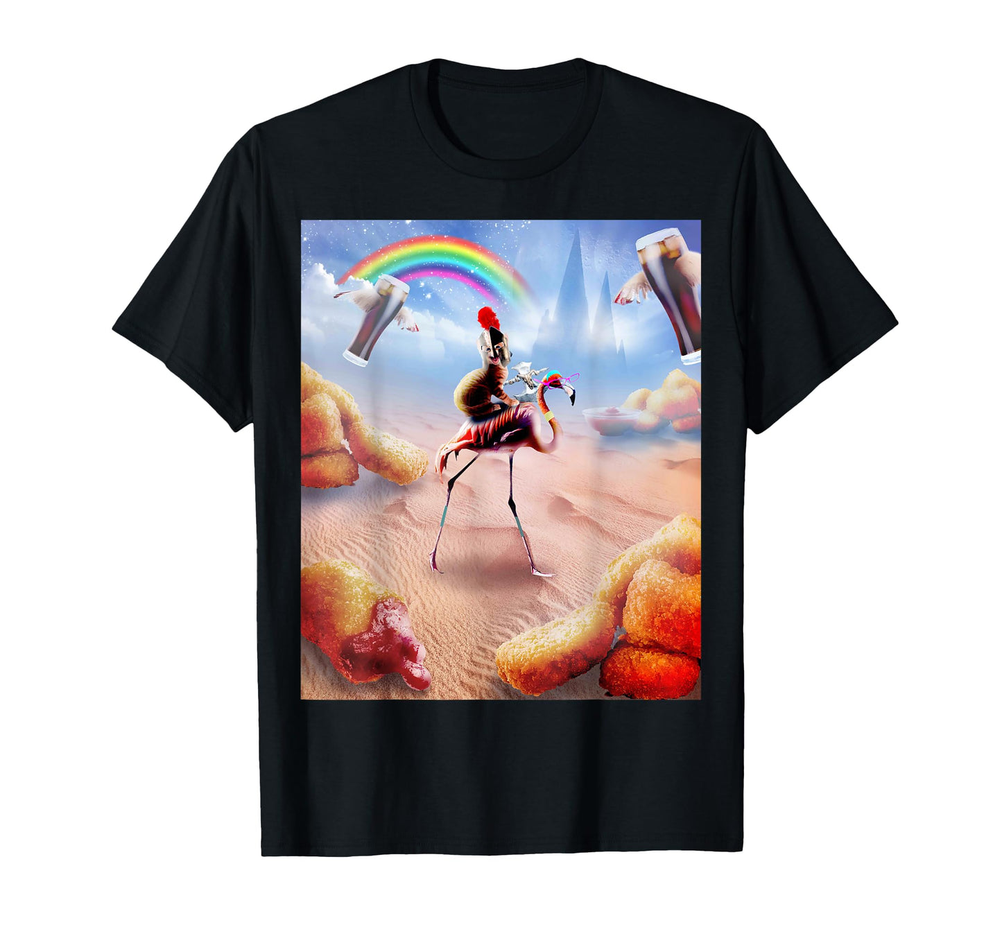 Cat Riding Flamingo With Chicken Nuggets And Cola T-Shirt