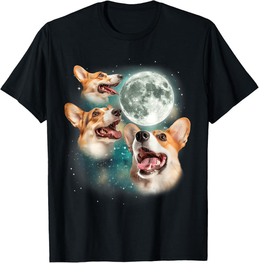 Three Corgi Moon | 3 Cute Corgi Pups Howling Dog Meme Canine T-Shirt
